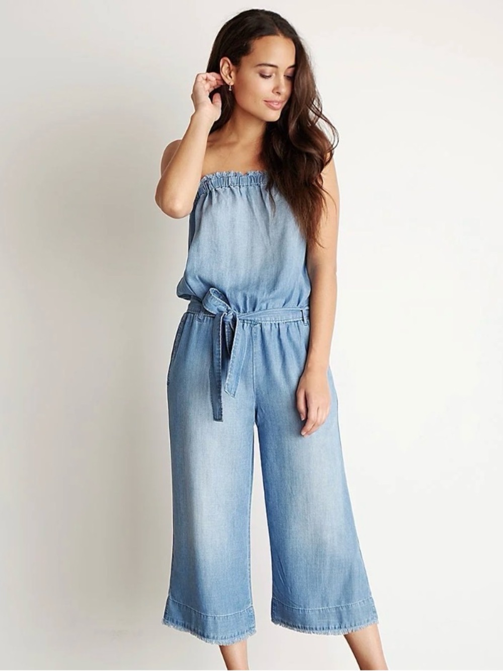 Colleen Lopez Light Blue Strapless Denim Jumpsuit with Tie Waist